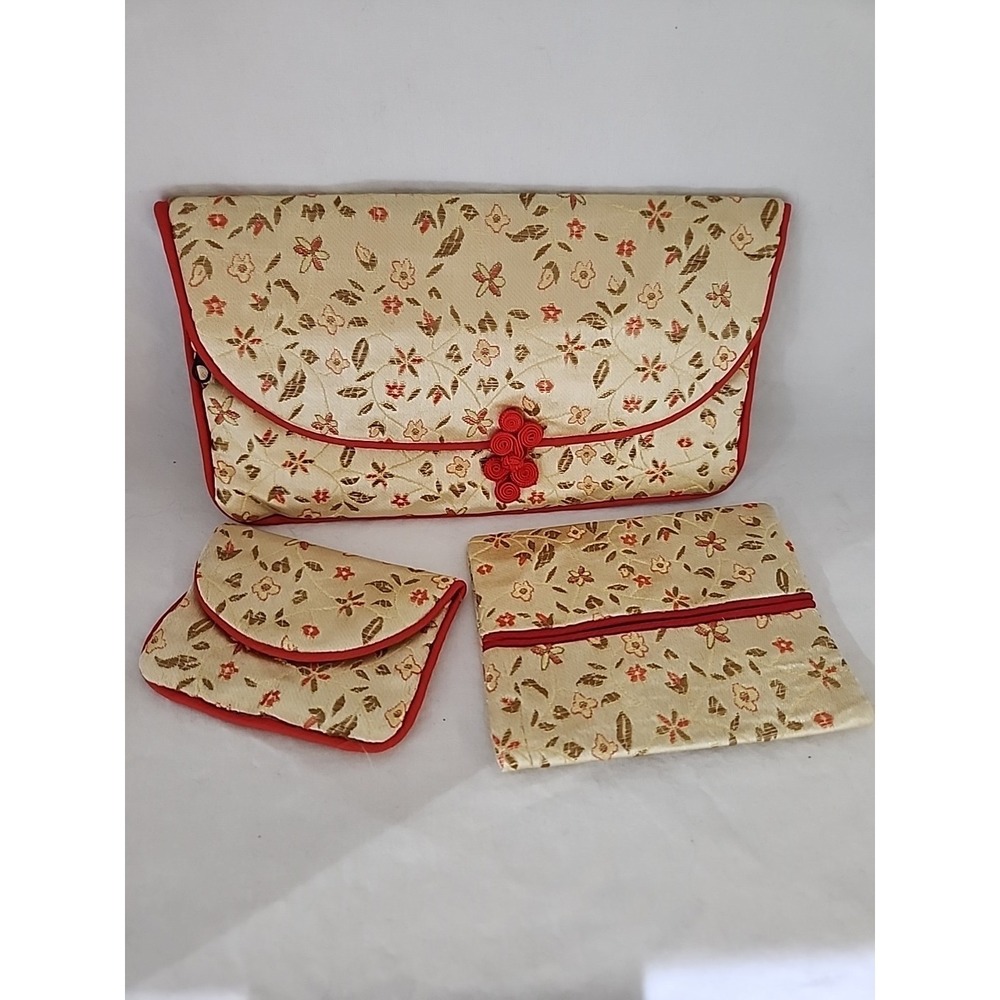 Floral Brocade 3pc Set Clutch Tissue Holder Coin Purse Cream Red Gold Trim